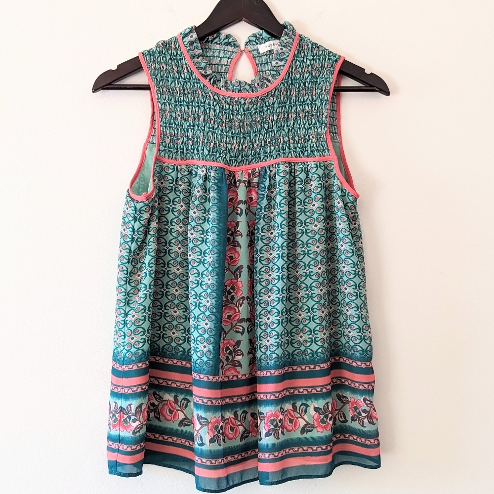 Green + Pink Paisley Pattern Flowy Summer Top Garden Fairy Floral Sleeveless M